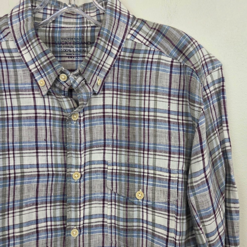 Lucky Brand Mens California Fit 100% Linen Plaid Long Sleeve Button Down Shirt S